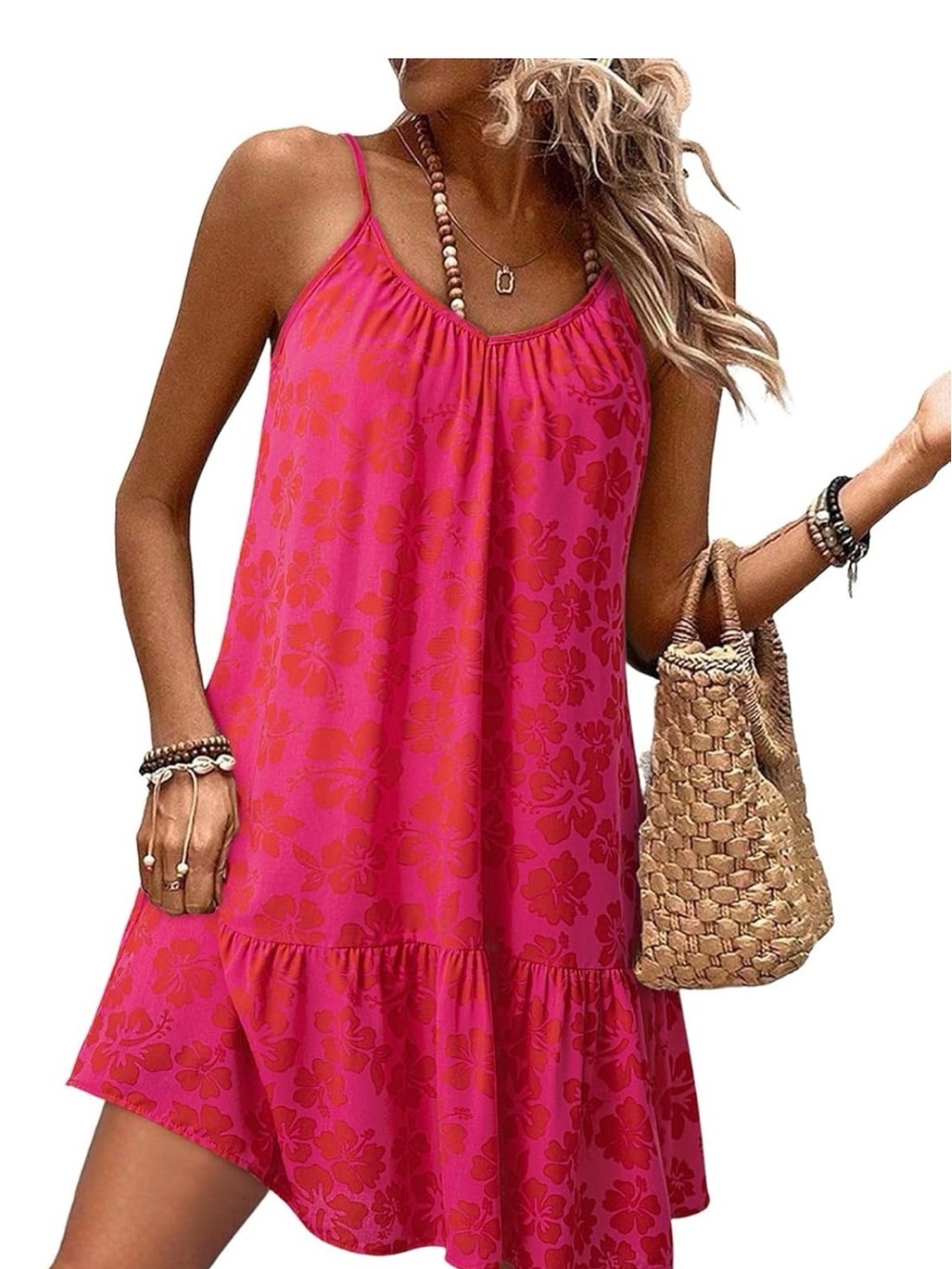 Dokotoo Women's Pink Floral Spaghetti-Strap Summer Dress